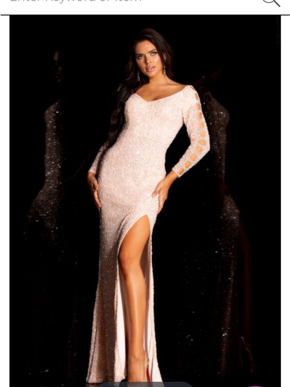 Blush Sequin Long-Sleeve Column Gown with High Slit